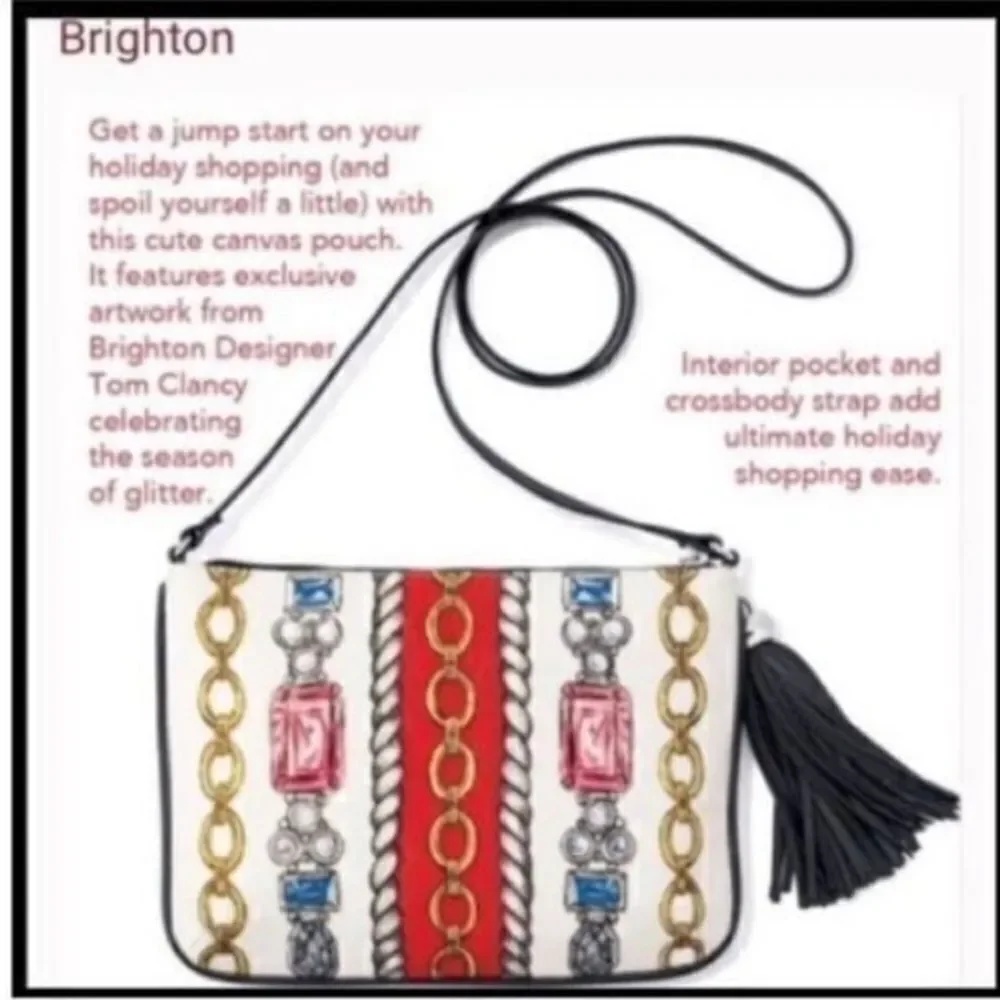 Brighton Women’s Small Crossbody Glitter and Go Pouch White Red with Tassel - Picture 5 of 16